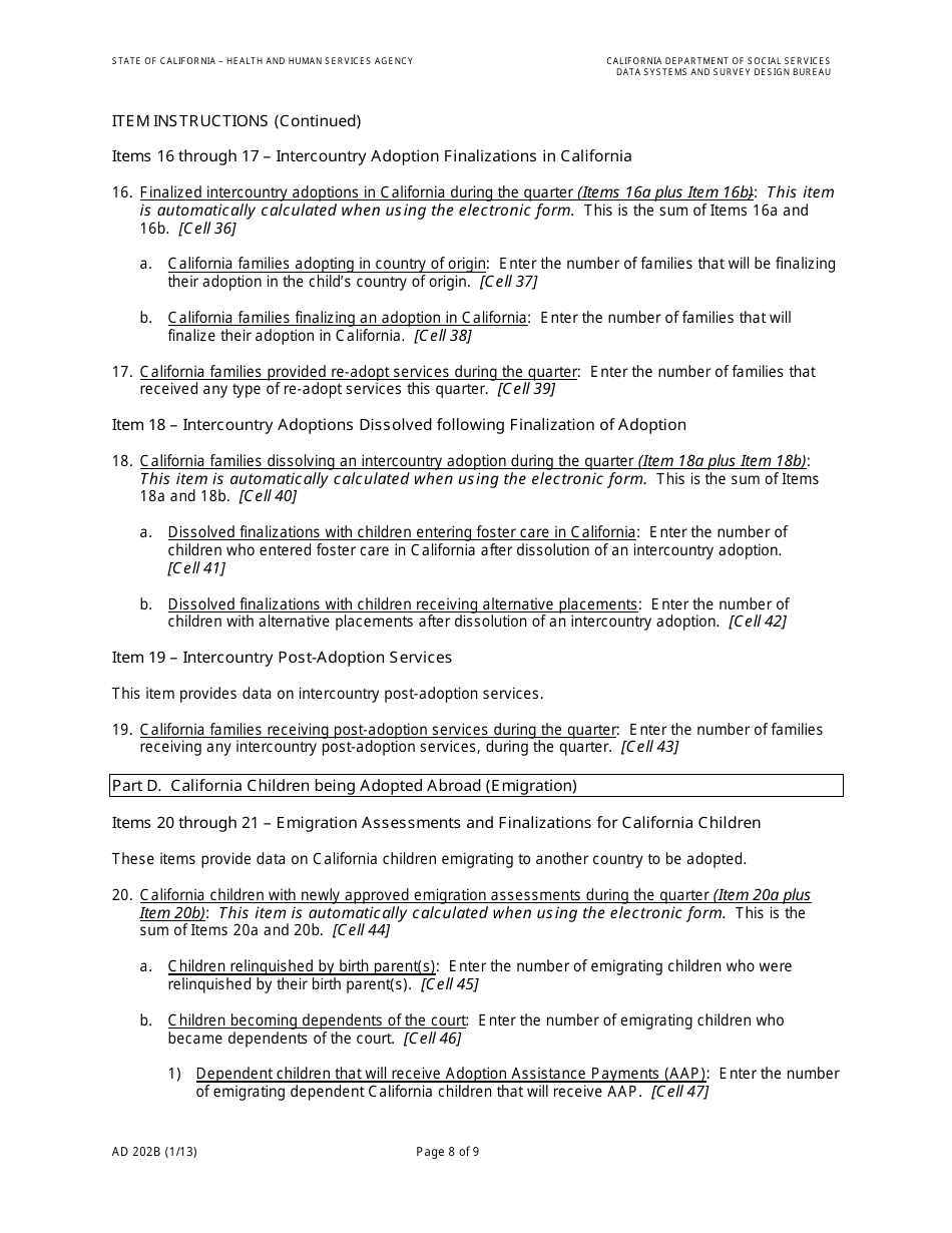Form AD202B Intercountry Adoption Program Quarterly Statistical Report - California, Page 10