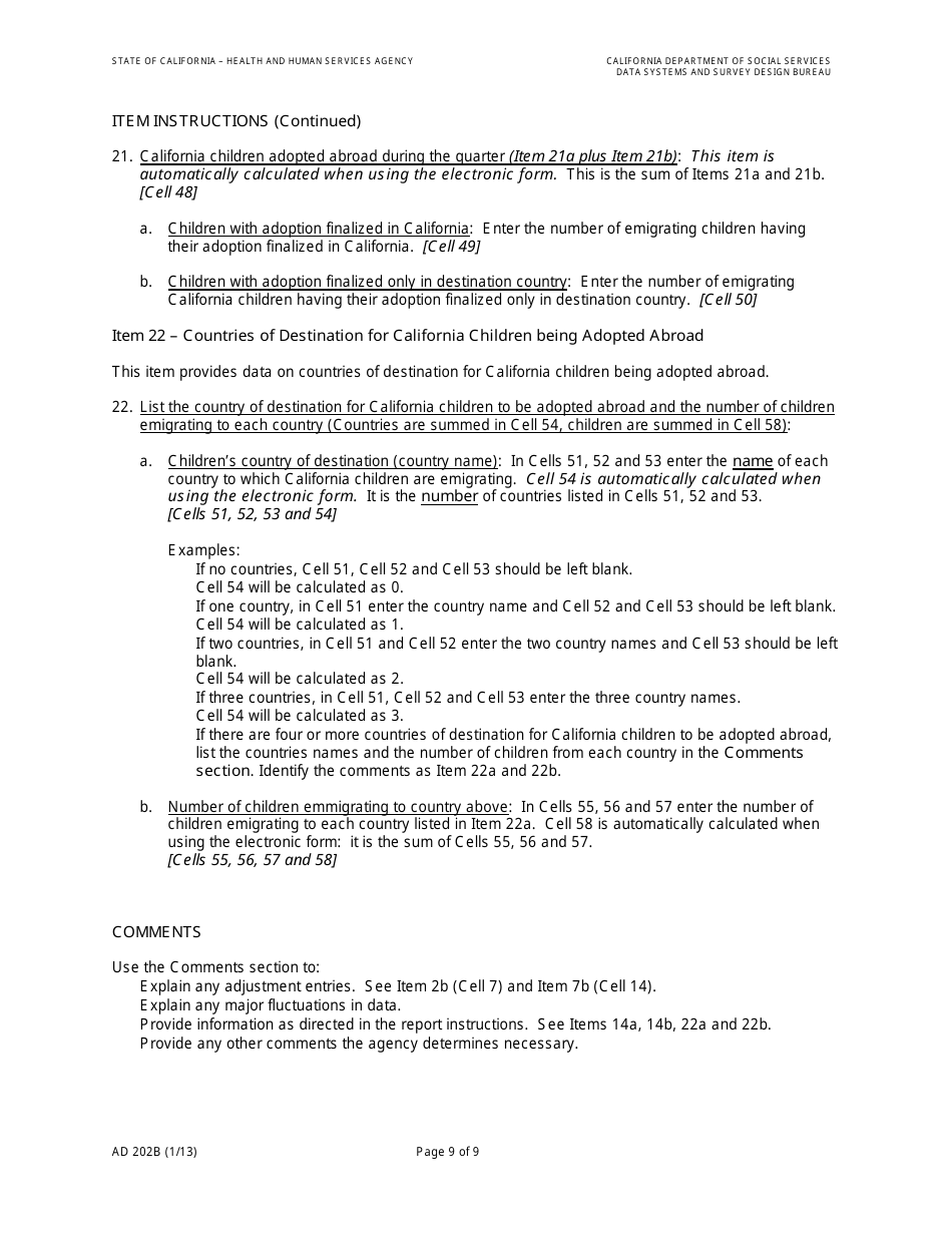 Form AD202B Intercountry Adoption Program Quarterly Statistical Report - California, Page 11
