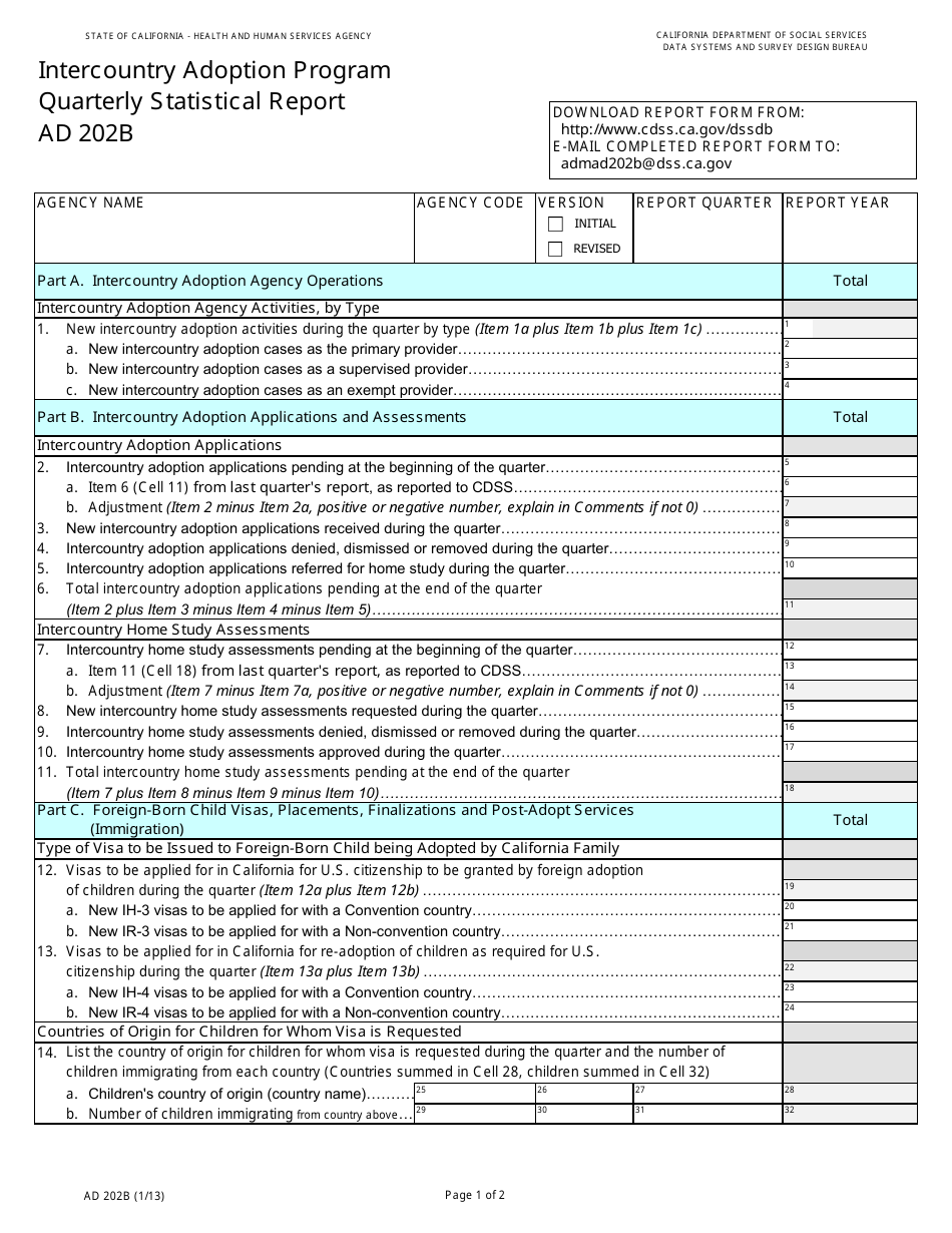 Form AD202B Intercountry Adoption Program Quarterly Statistical Report - California, Page 1