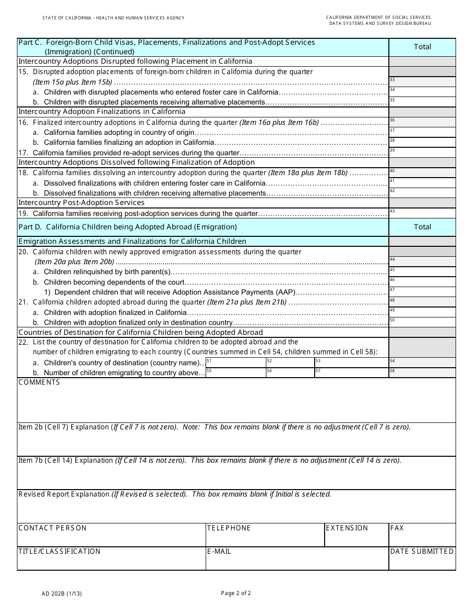 Form AD202B Intercountry Adoption Program Quarterly Statistical Report - California, Page 2