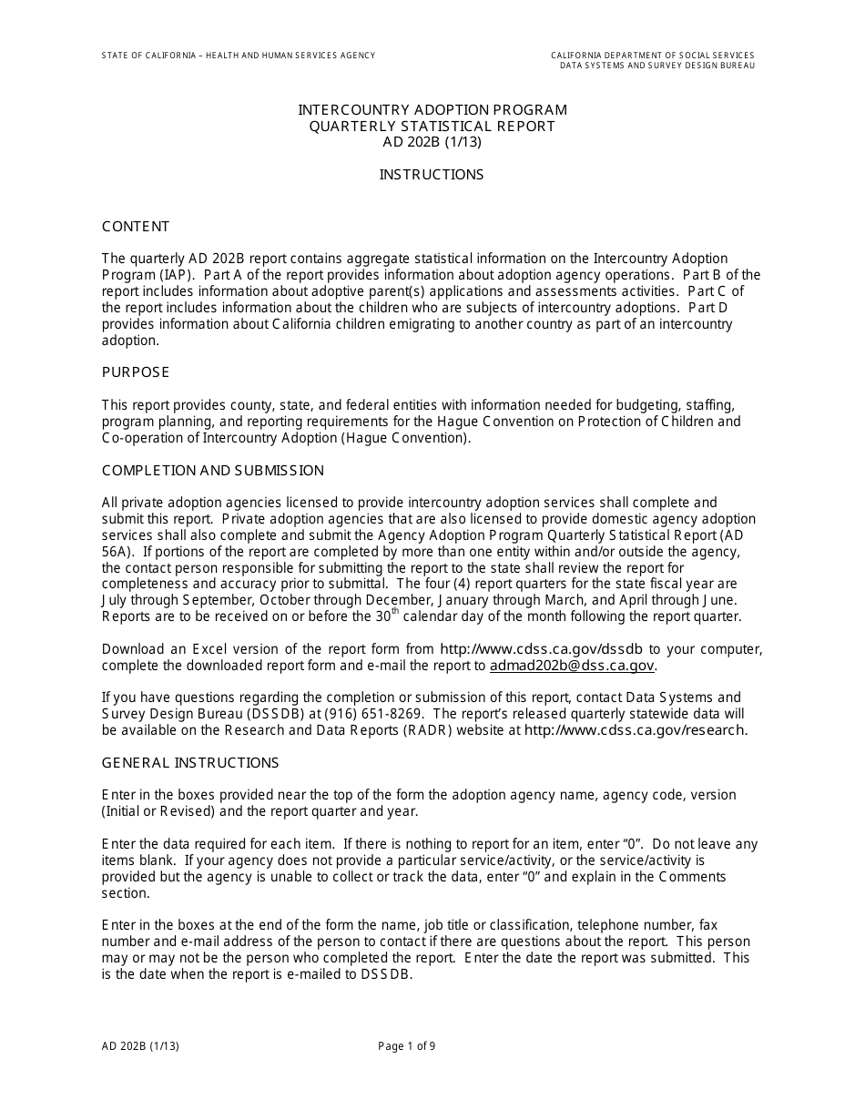 Form AD202B Intercountry Adoption Program Quarterly Statistical Report - California, Page 3