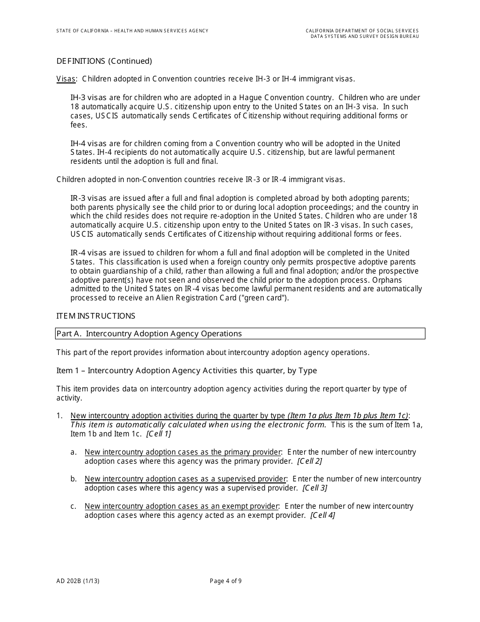 Form AD202B Intercountry Adoption Program Quarterly Statistical Report - California, Page 6