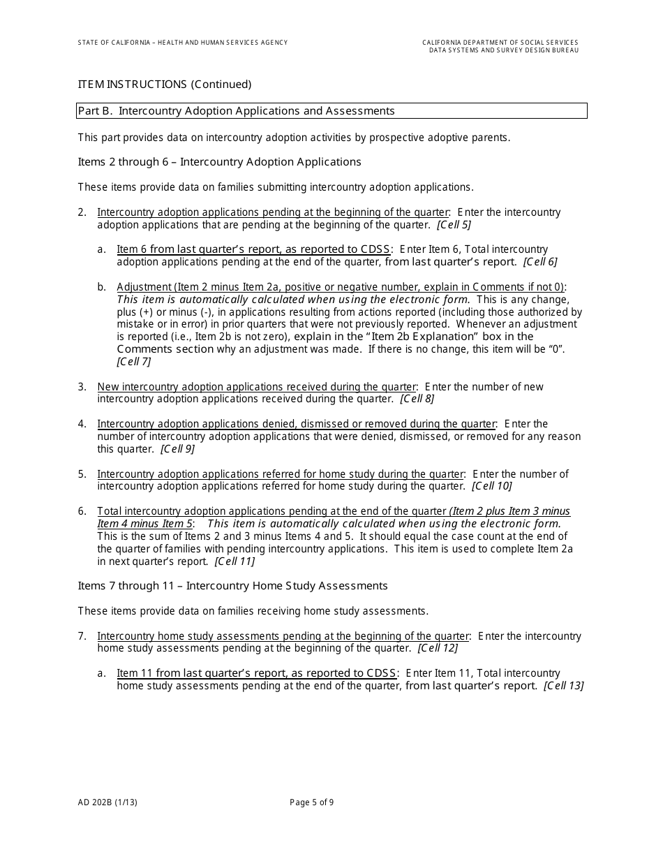 Form AD202B Intercountry Adoption Program Quarterly Statistical Report - California, Page 7