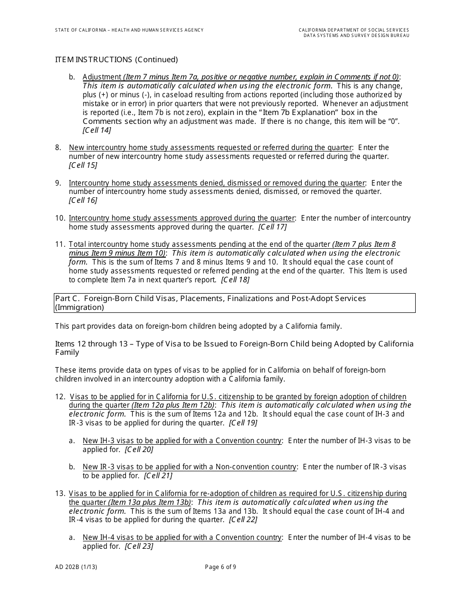 Form AD202B Intercountry Adoption Program Quarterly Statistical Report - California, Page 8