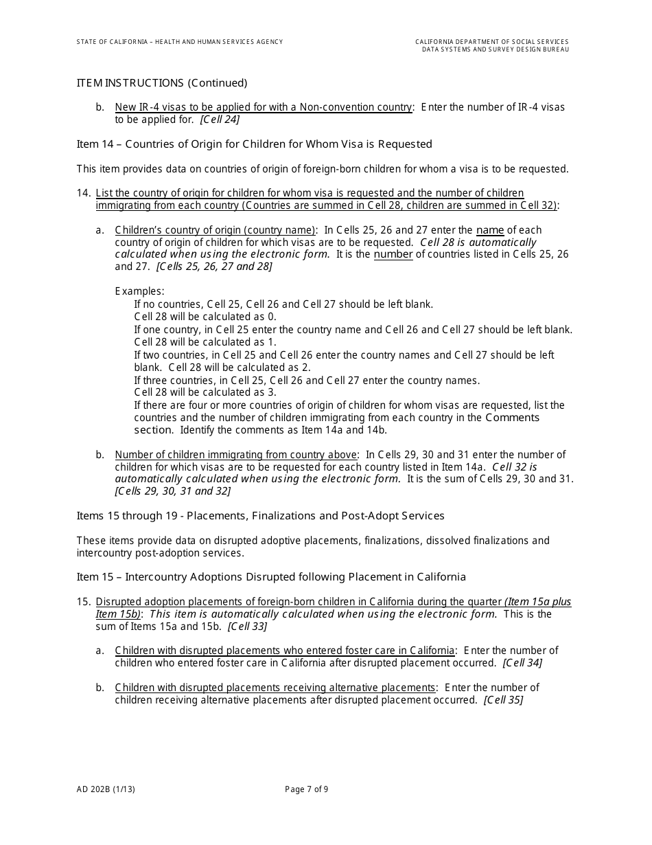 Form AD202B Intercountry Adoption Program Quarterly Statistical Report - California, Page 9