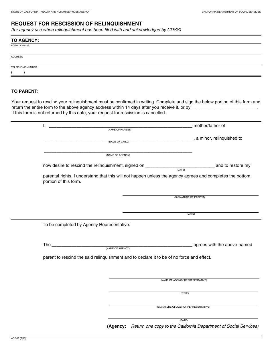 Form AD508 Request for Rescission of Relinquishment - California, Page 1