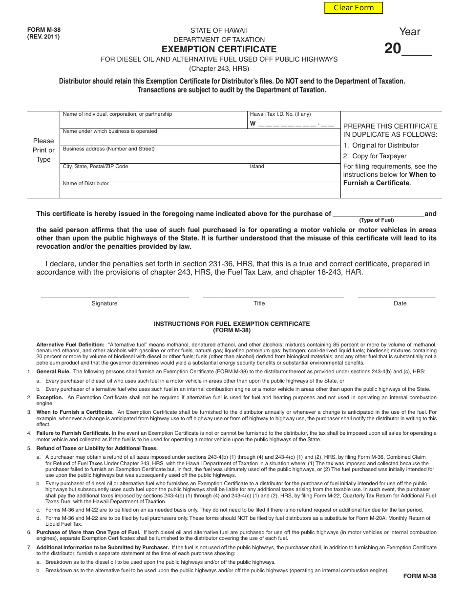 Form M-38 Exemption Certificate for Diesel Oil and Alternative Fuel Used off Public Highways - Hawaii, Page 1