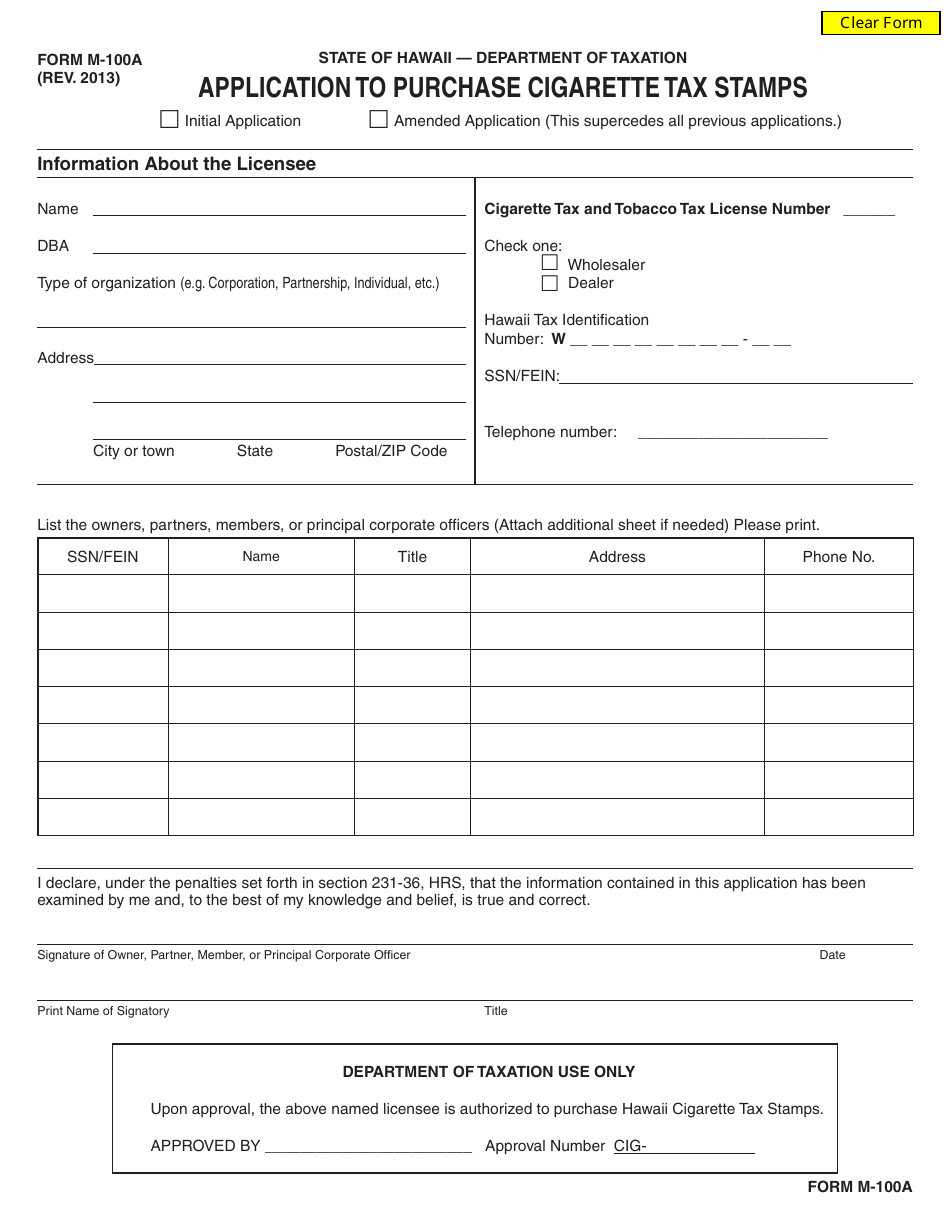 Form M-100A Application to Purchase Cigarette Tax Stamps - Hawaii, Page 1