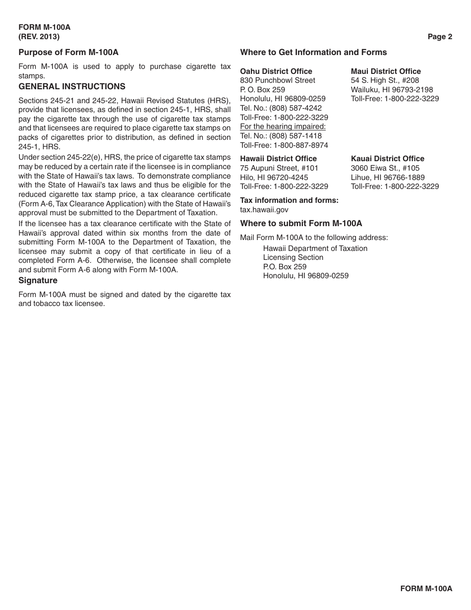 Form M-100A Application to Purchase Cigarette Tax Stamps - Hawaii, Page 2