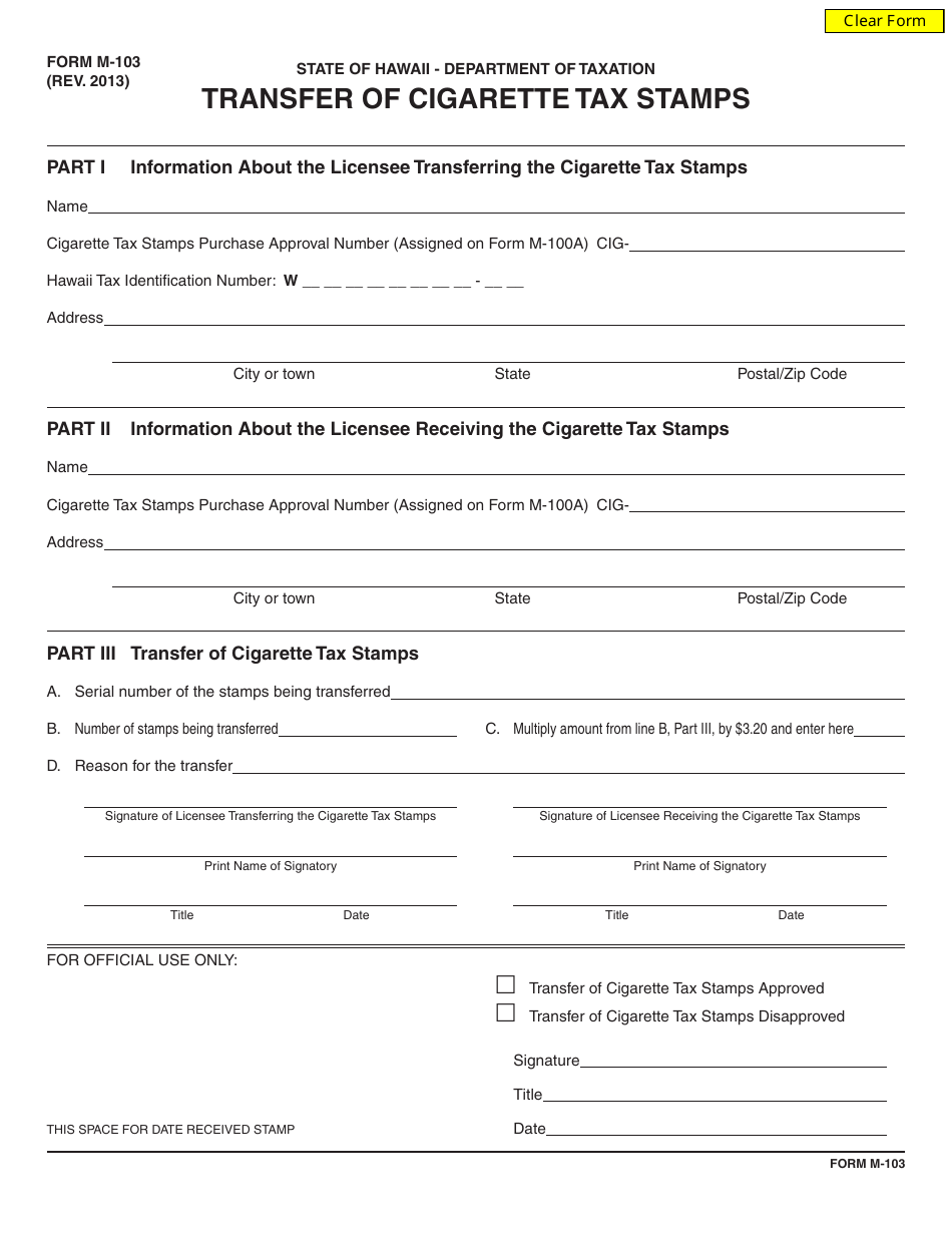 Form M-103 Transfer of Cigarette Tax Stamps - Hawaii, Page 1