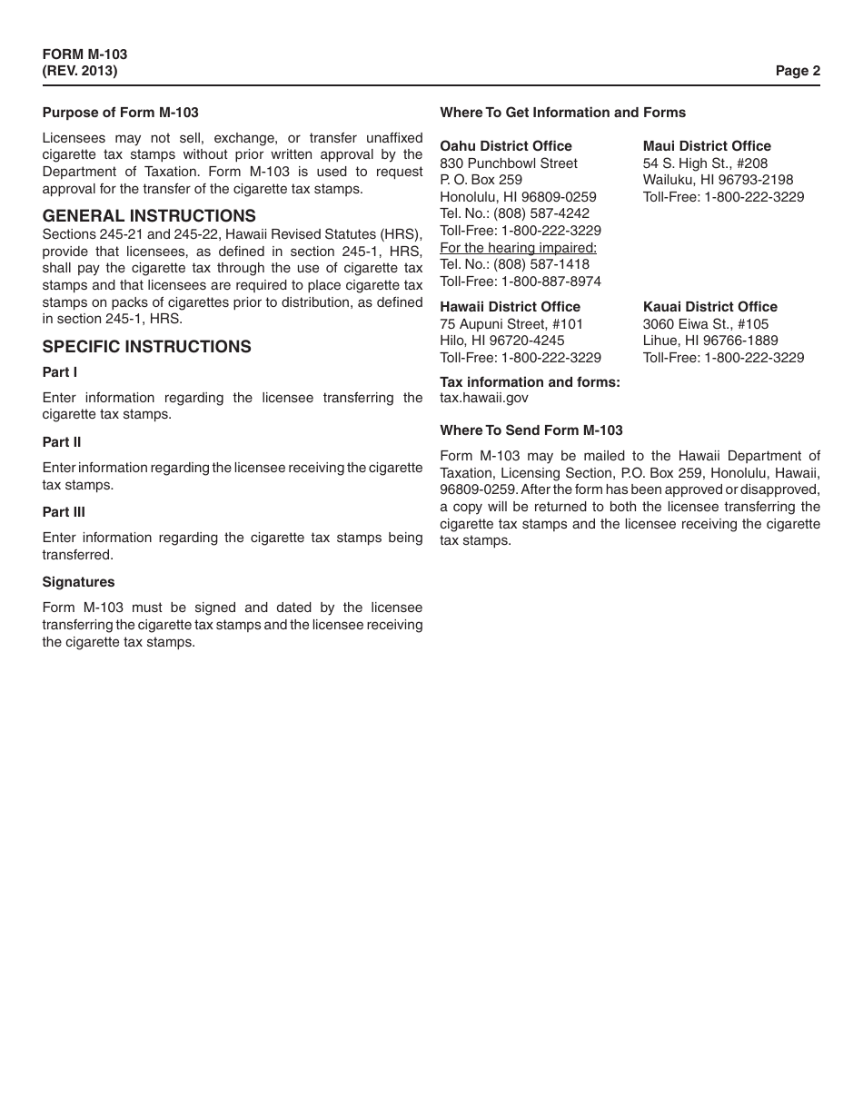 Form M-103 Transfer of Cigarette Tax Stamps - Hawaii, Page 2