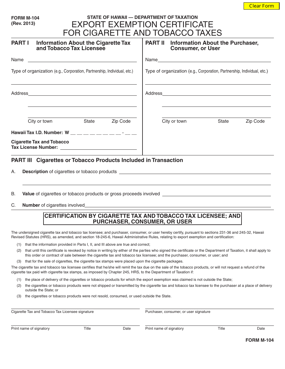 Form M-104 Export Exemption Certificate for Cigarette and Tobacco Taxes - Hawaii, Page 1
