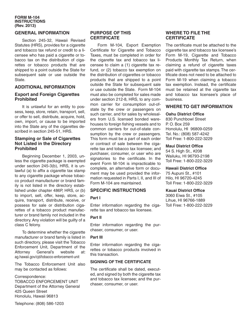 Form M-104 Export Exemption Certificate for Cigarette and Tobacco Taxes - Hawaii, Page 2
