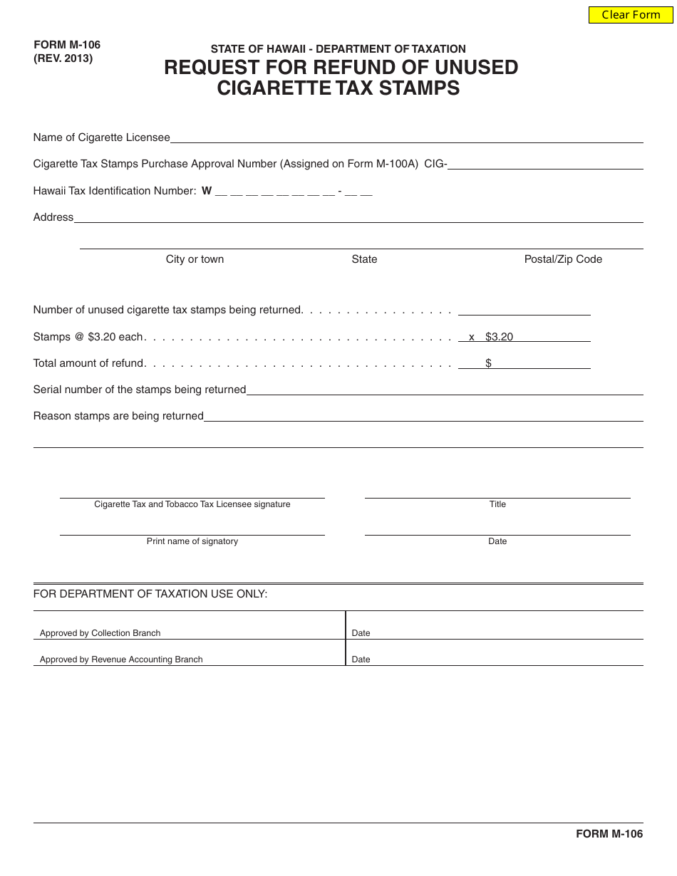 Form M-106 Request for Refund of Unused Cigarette Tax Stamps - Hawaii, Page 1