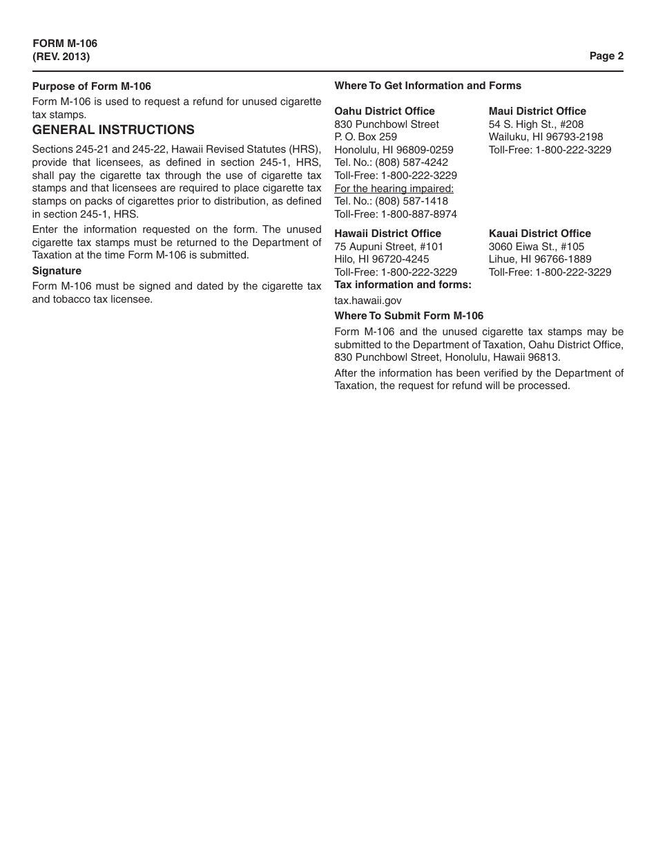 Form M-106 Request for Refund of Unused Cigarette Tax Stamps - Hawaii, Page 2