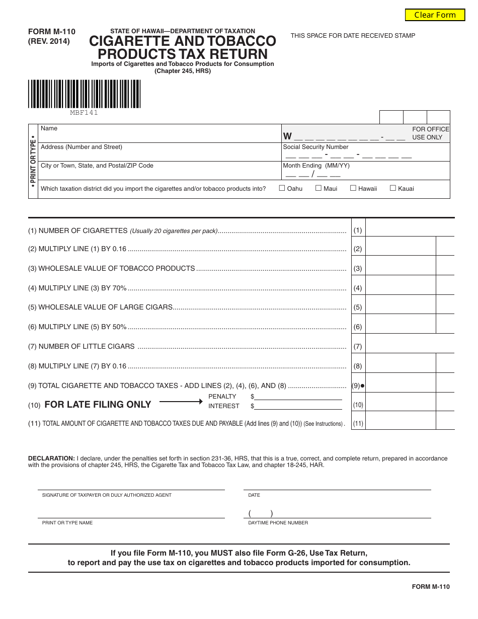 Form M-110 Cigarette and Tobacco Products Tax Return - Hawaii, Page 1