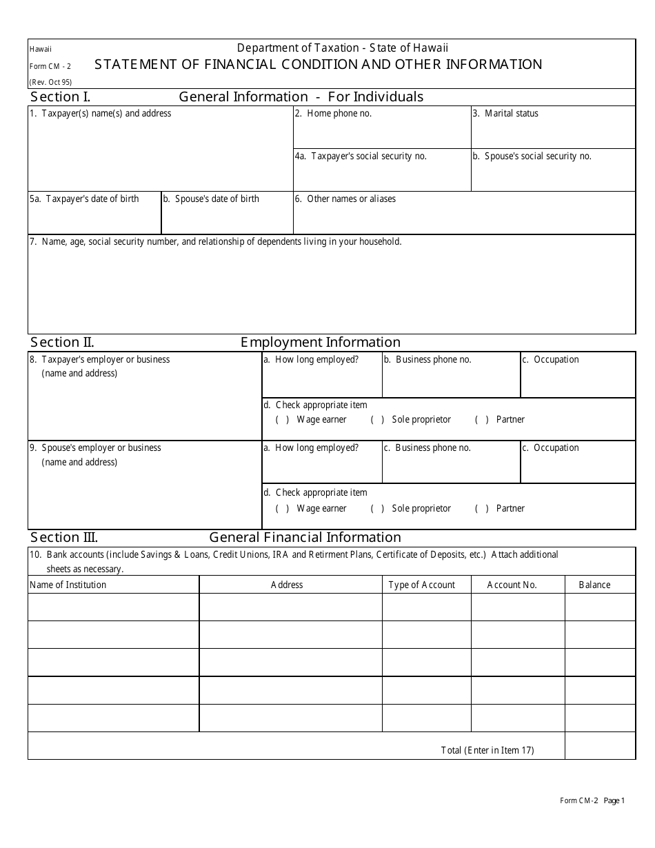 Form CM-2 Statement of Financial Condition and Other Information - Hawaii, Page 1