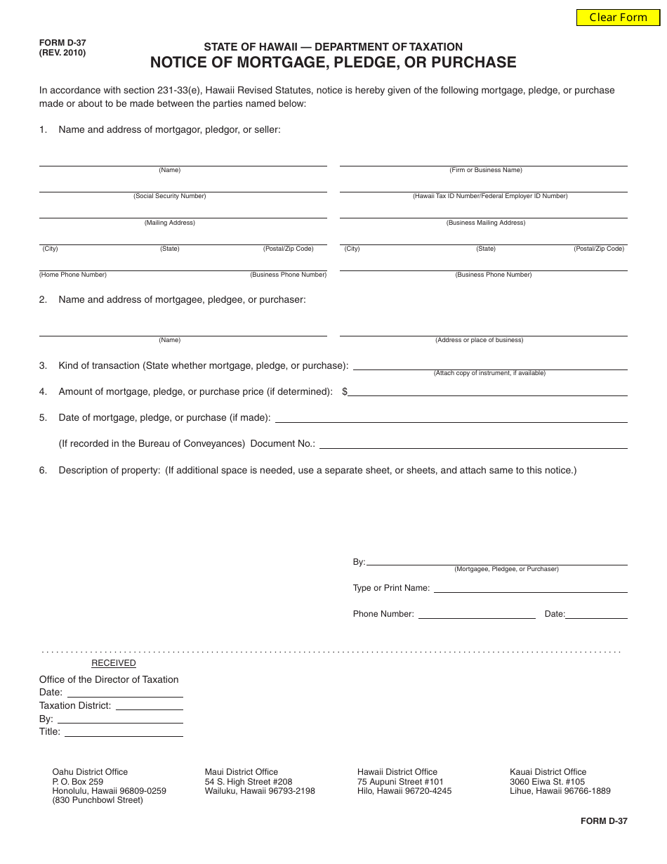Form D-37 Notice of Mortgage, Pledge, or Purchase - Hawaii, Page 1