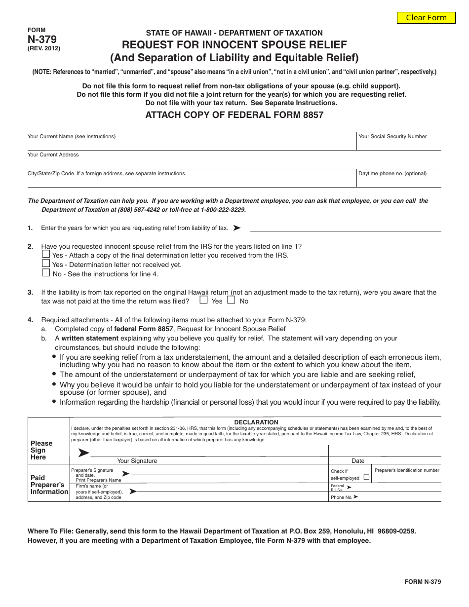 Form N-379 Request for Innocent Spouse Relief - Hawaii, Page 1