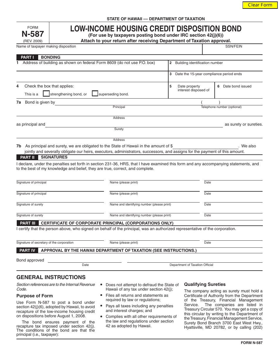 Form N-587 Low-Income Housing Credit Disposition Bond - Hawaii, Page 1