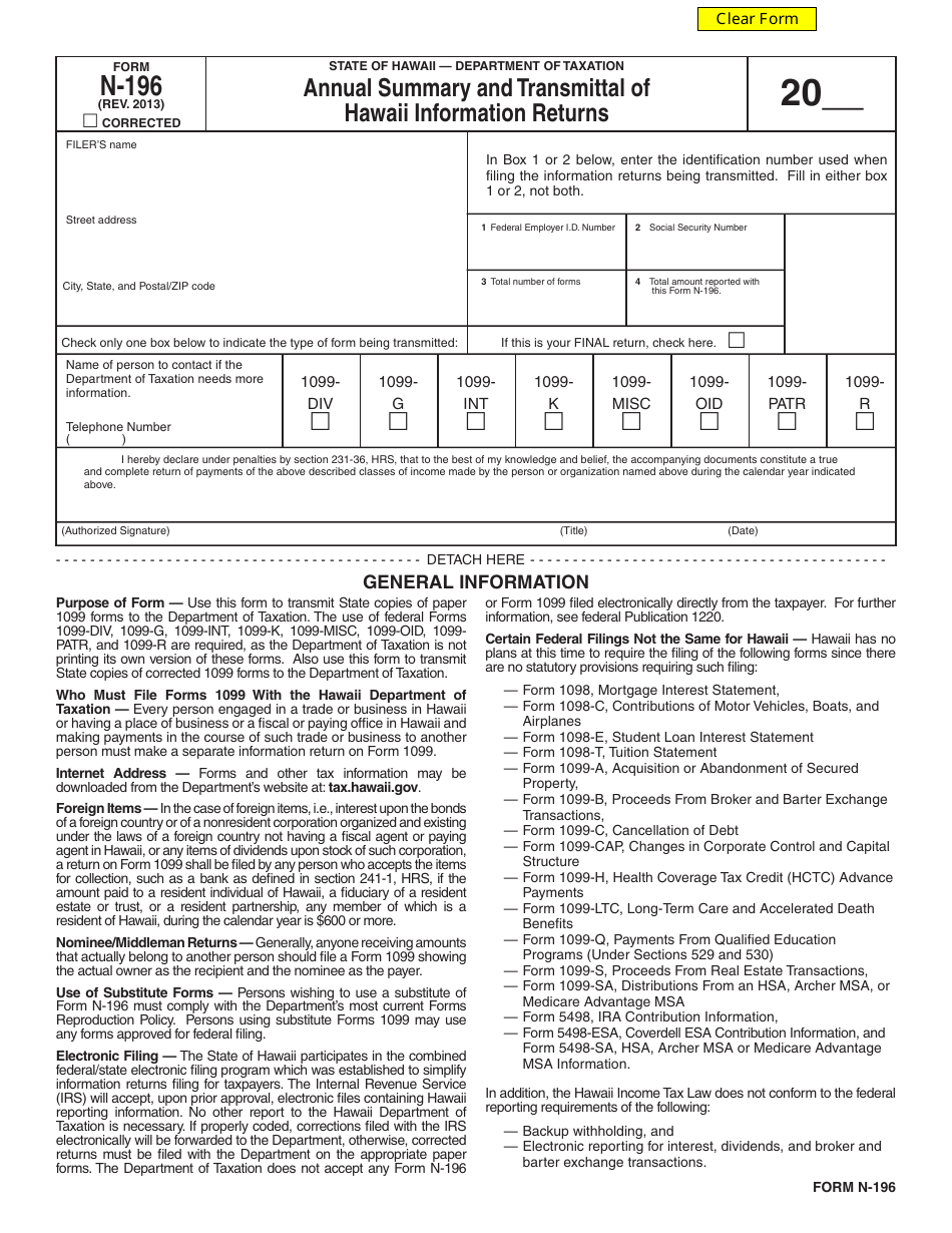 Form N-196 Annual Summary and Transmittal of Hawaii Information Returns - Hawaii, Page 1