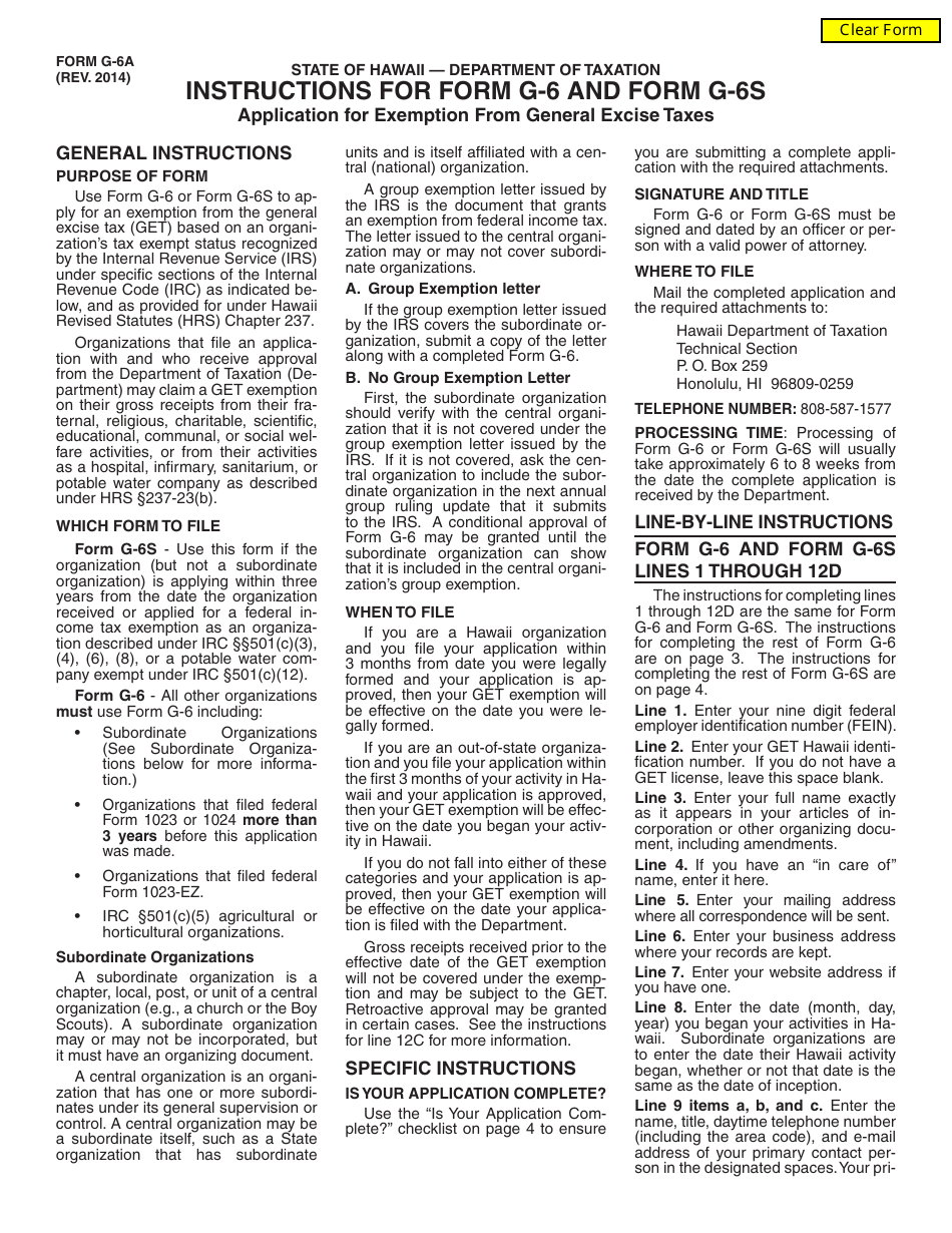 Instructions for Form G-6, G-6S Application for Exemption From General Excise Taxes - Hawaii, Page 1