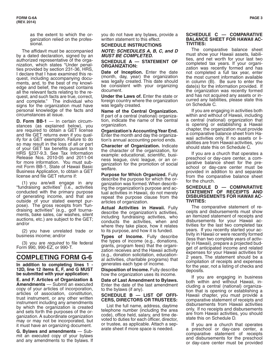 Instructions for Form G-6, G-6S Application for Exemption From General Excise Taxes - Hawaii, Page 3