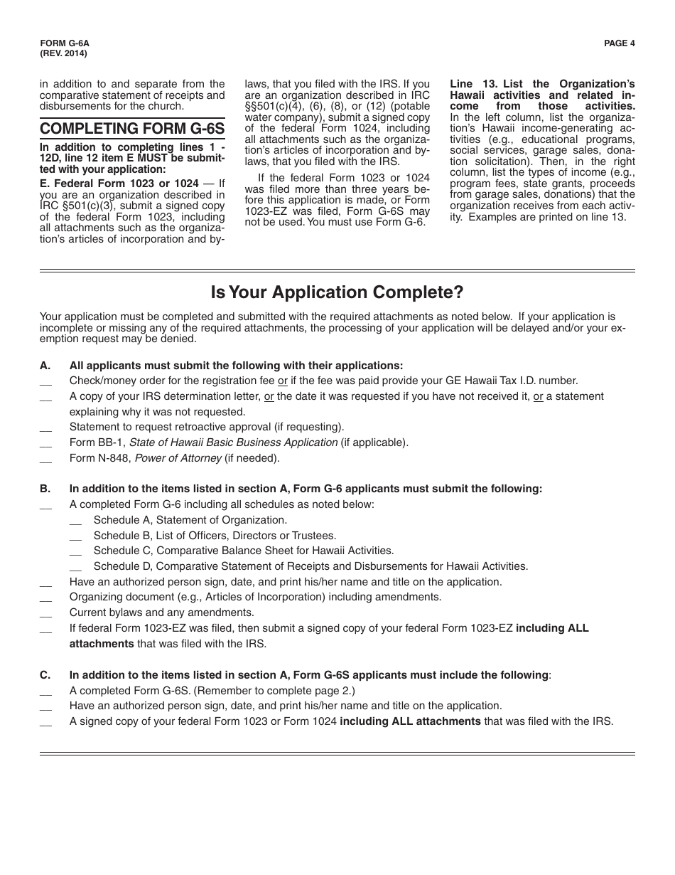 Instructions for Form G-6, G-6S Application for Exemption From General Excise Taxes - Hawaii, Page 4