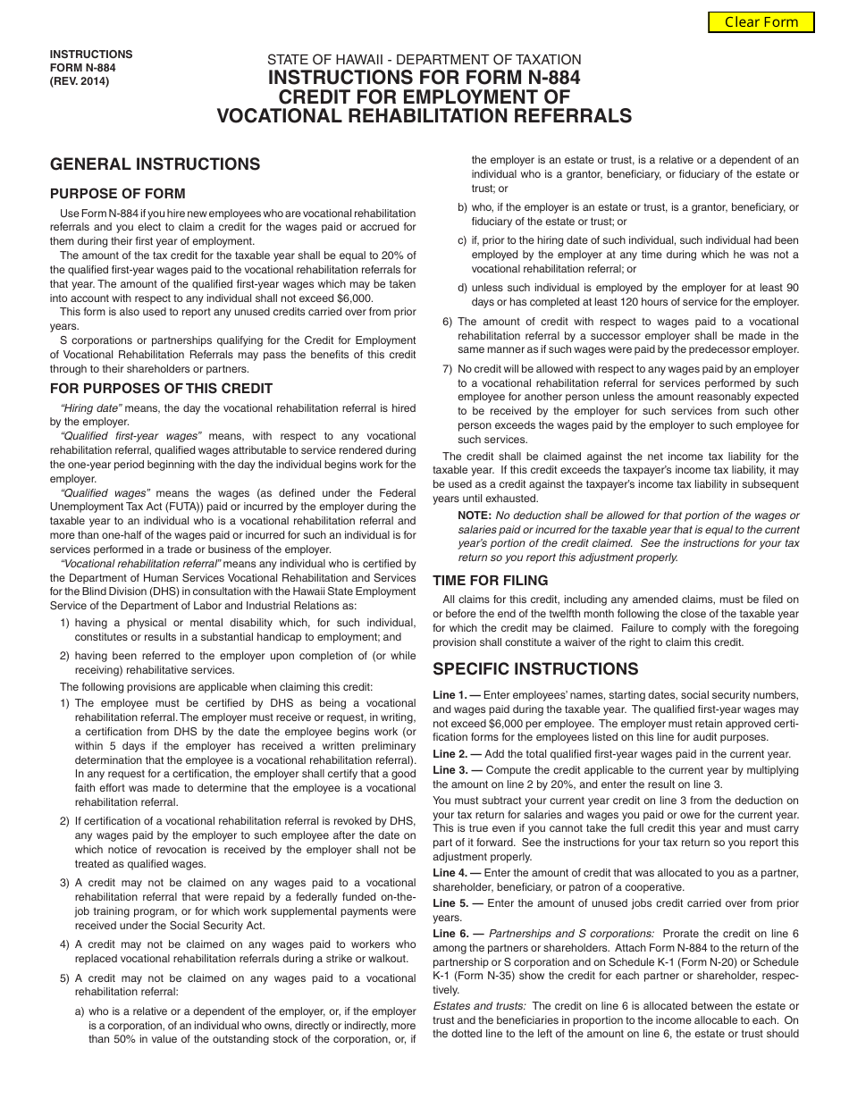 Instructions for Form N-884 Credit for Employment of Vocational Rehabilitation Referrals - Hawaii, Page 1