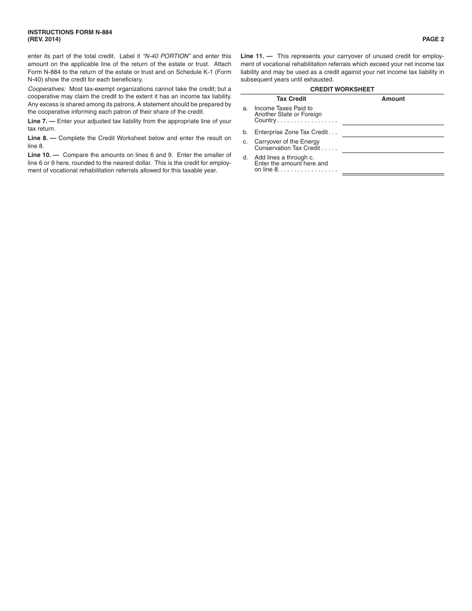 Instructions for Form N-884 Credit for Employment of Vocational Rehabilitation Referrals - Hawaii, Page 2