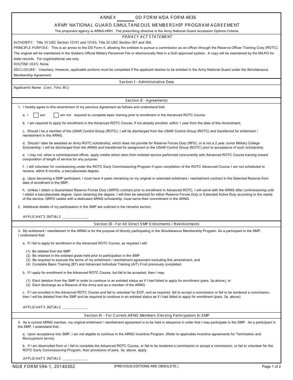 NGB Form 594-1 Army National Guard Simultaneous Membership Program Agreement, Page 1