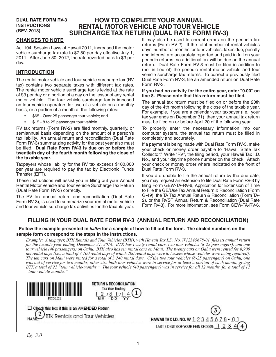 Download Instructions for Form RV 3 Annual Rental Motor Vehicle and