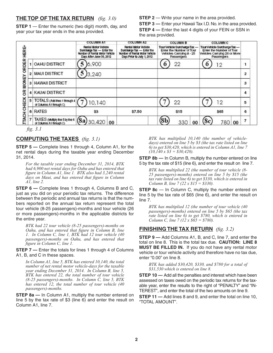 Instructions for Form RV-3 Annual Rental Motor Vehicle and Tour Vehicle Surcharge Tax Return - Hawaii, Page 2