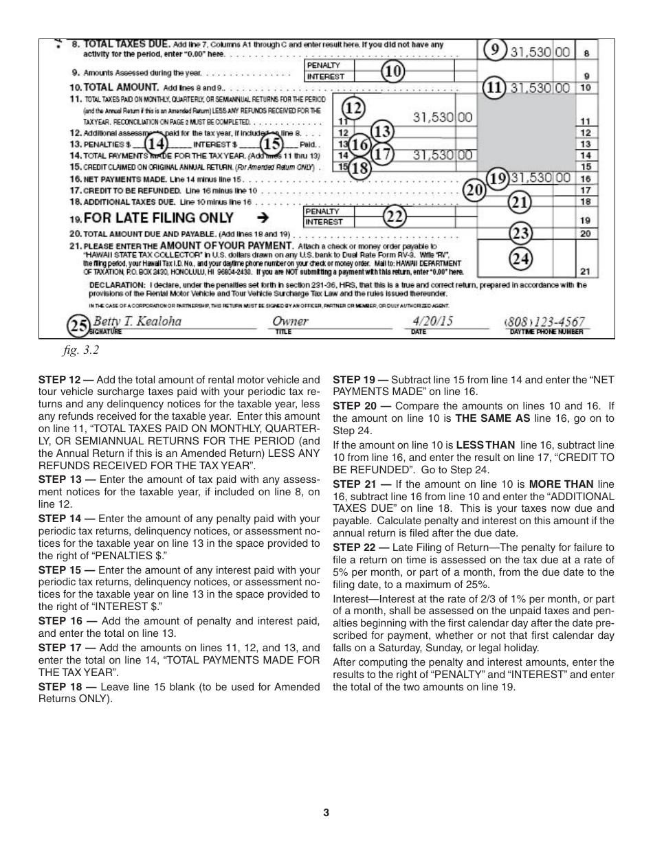 Instructions for Form RV-3 Annual Rental Motor Vehicle and Tour Vehicle Surcharge Tax Return - Hawaii, Page 3