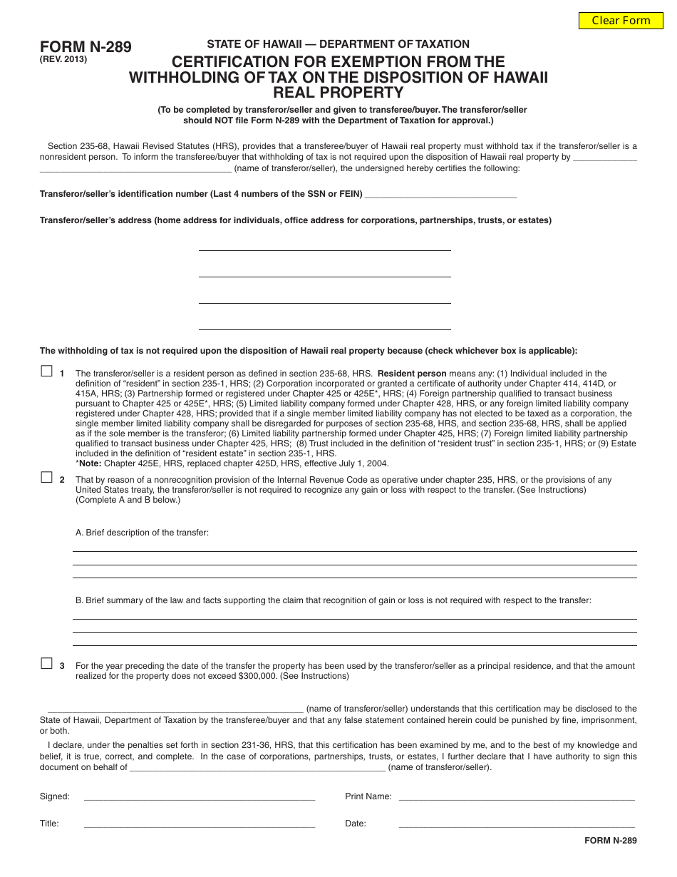 Form N-289 Certification for Exemption From the Withholding of Tax on the Disposition of Hawaii Real Property - Hawaii, Page 1