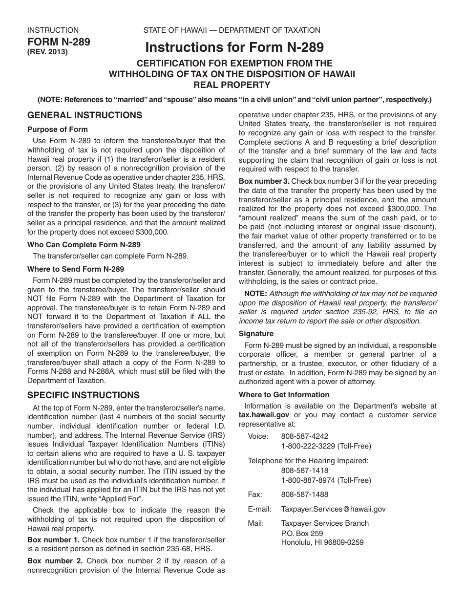 Form N-289 Certification for Exemption From the Withholding of Tax on the Disposition of Hawaii Real Property - Hawaii, Page 2