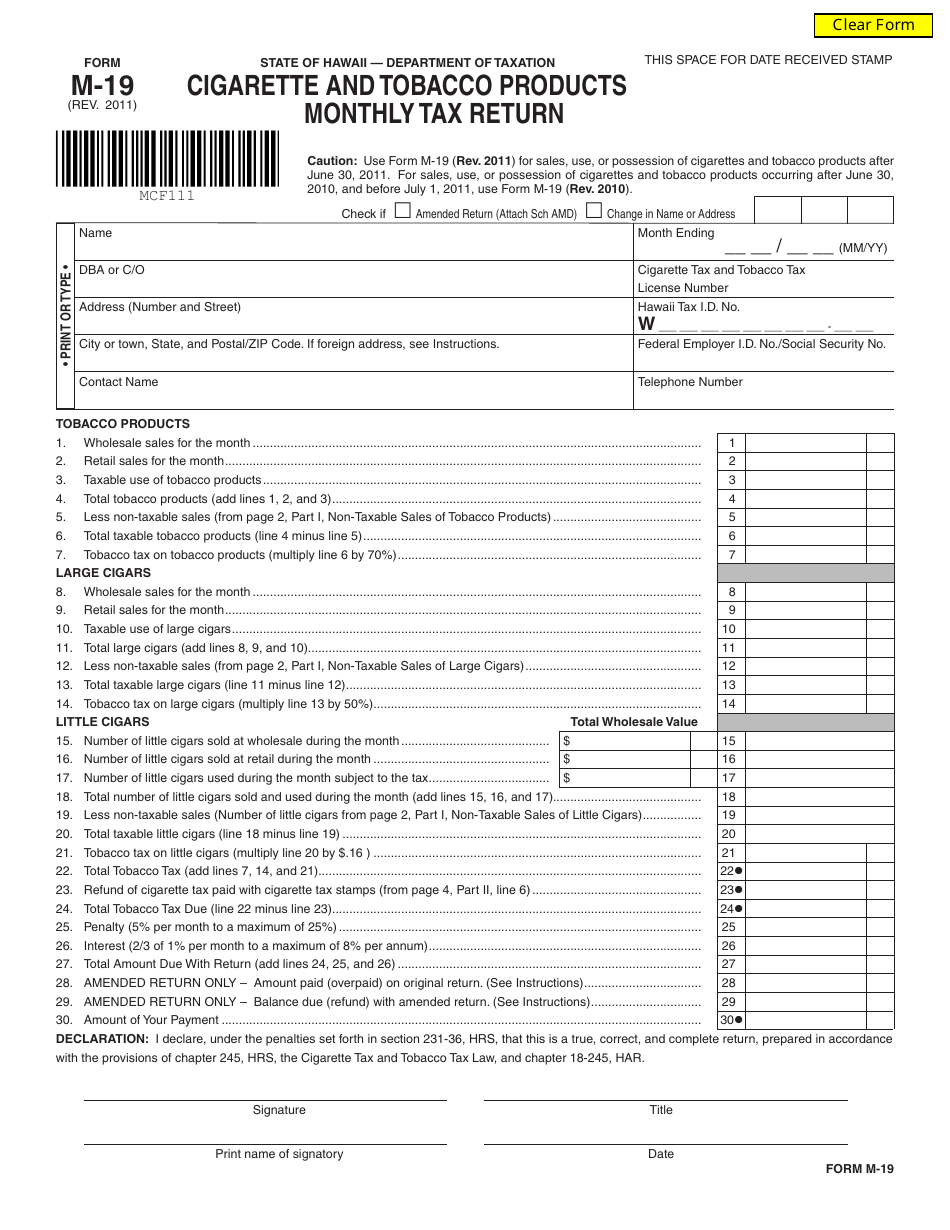 Form M-19 Cigarette and Tobacco Products Monthly Tax Return - Hawaii, Page 1
