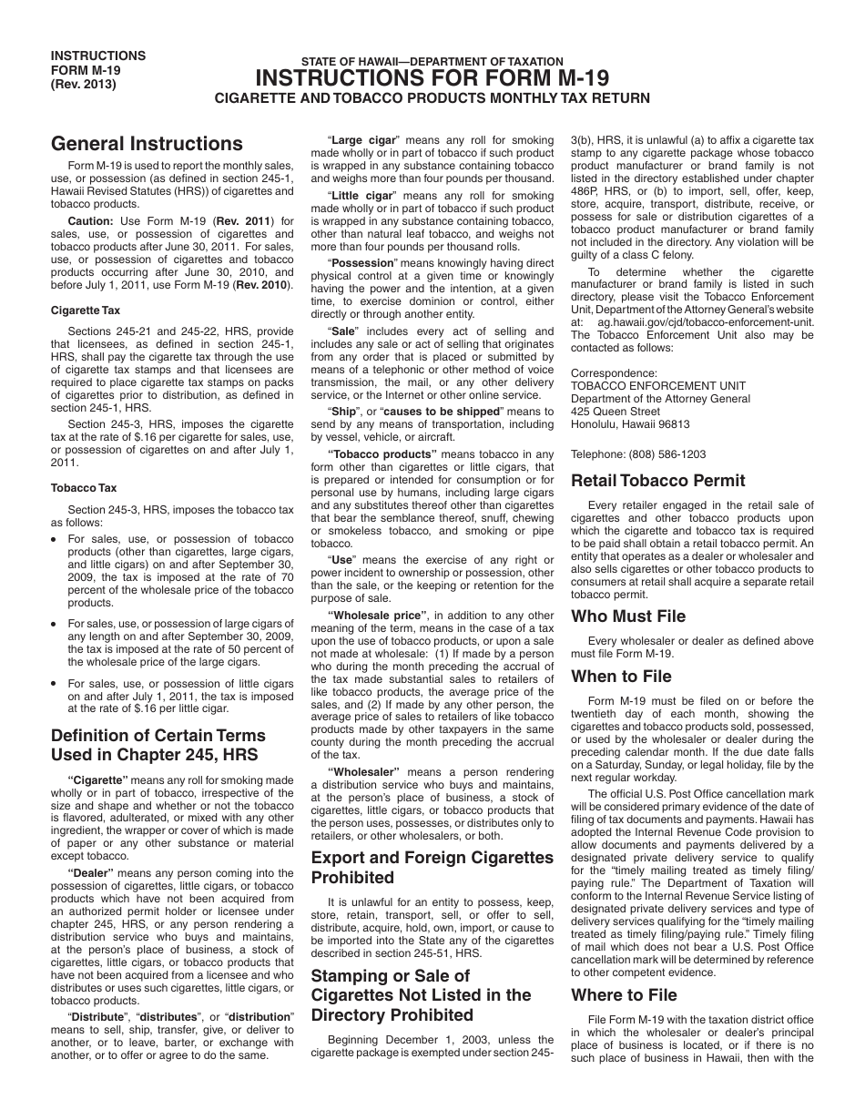 Instructions for Form M-19 Cigarette and Tobacco Products Monthly Tax Return - Hawaii, Page 1