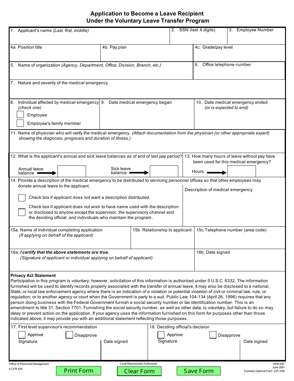 OPM Form 630 Application to Become a Leave Recipient Under the Voluntary Leave Transfer Program, Page 1