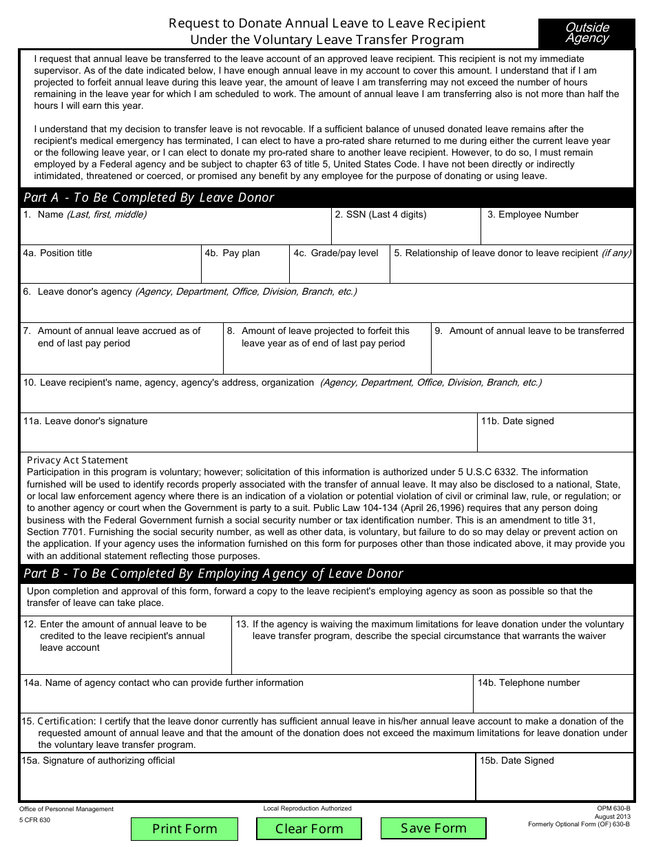 OPM Form 630-B Request to Donate Annual Leave to Leave Recipient Under the Voluntary Leave Transfer Program, Page 1