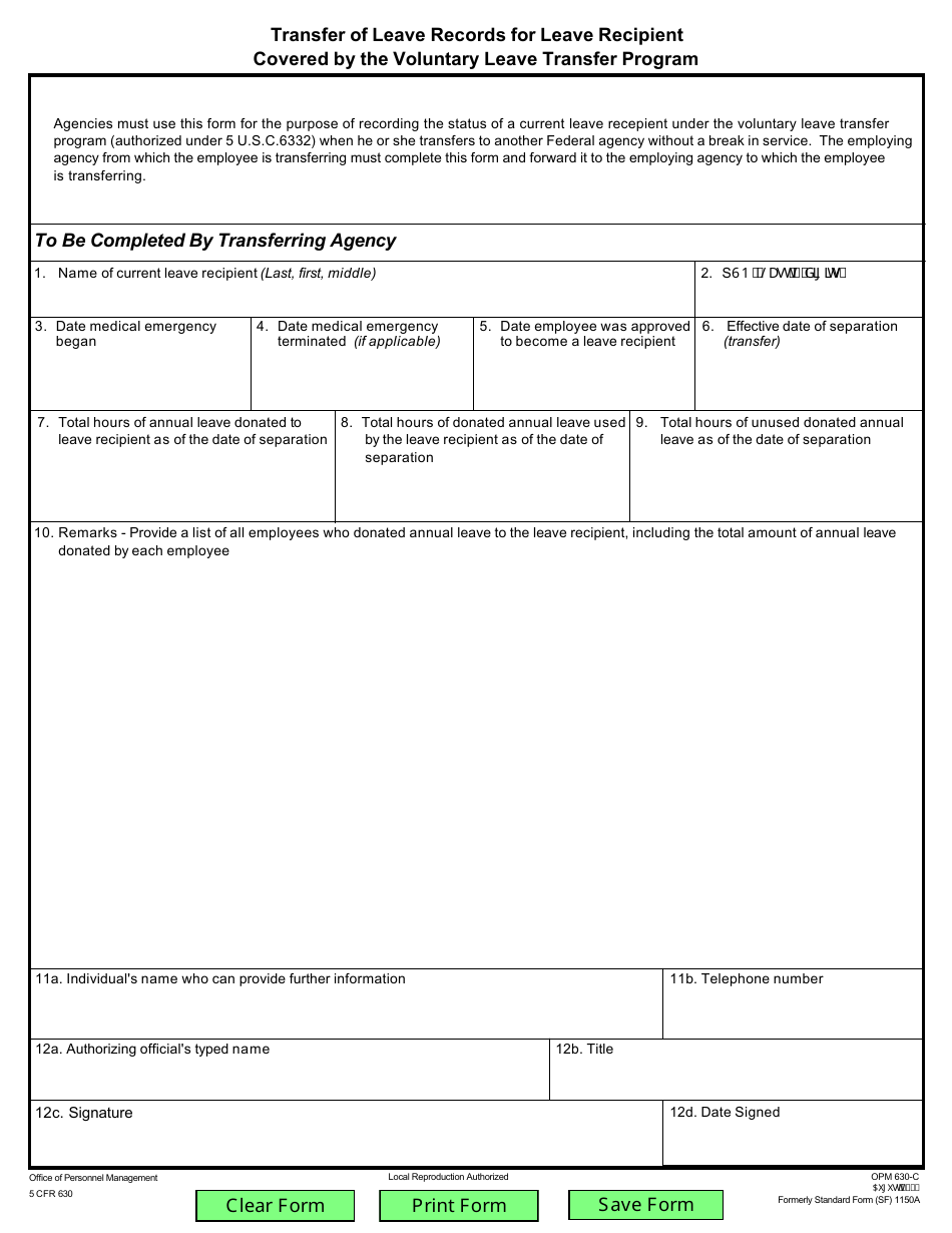 OPM Form 630-C Transfer of Leave Records for Leave Recipient Covered by the Voluntary Transfer Leave Program, Page 1