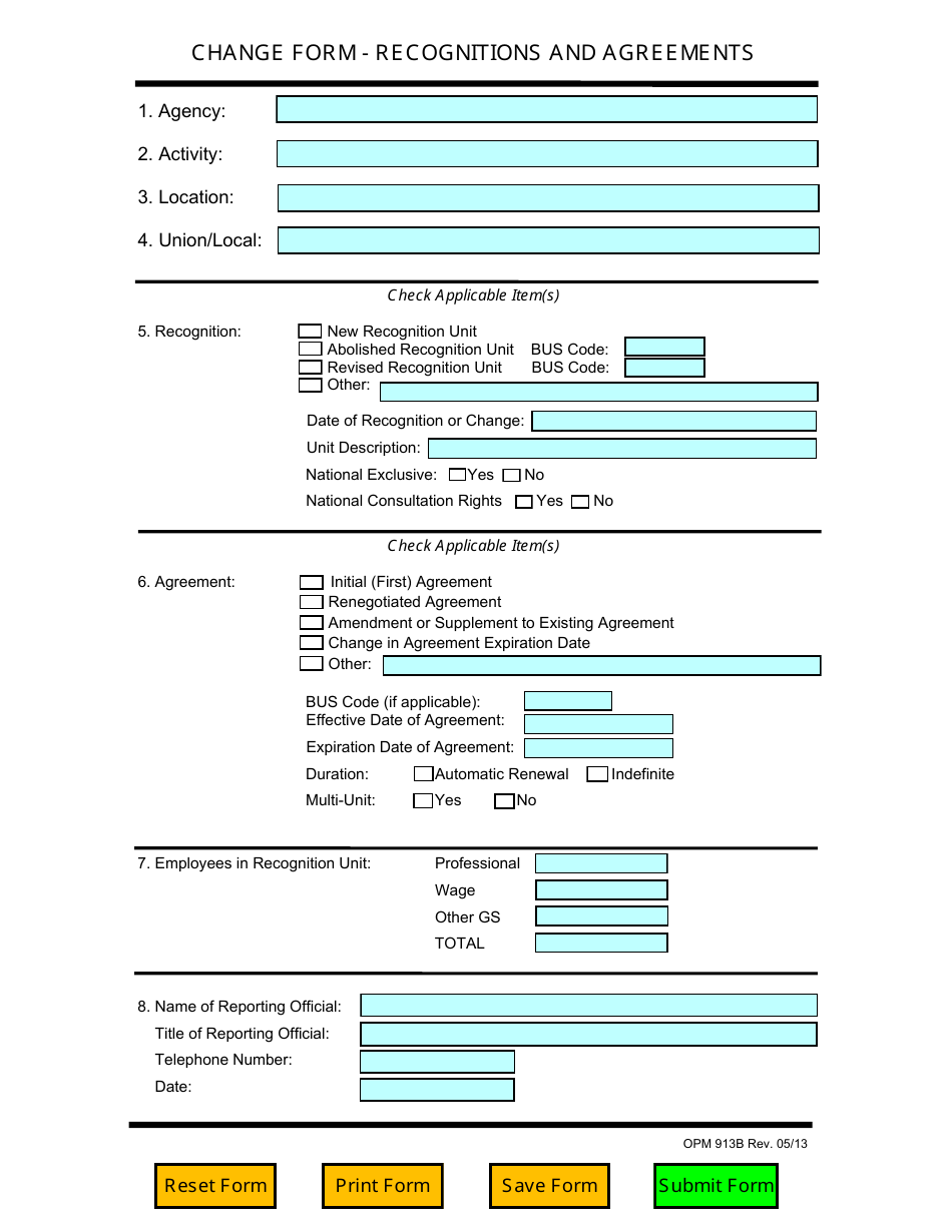 OPM Form 913B Change Form - Recognitions and Agreements, Page 1