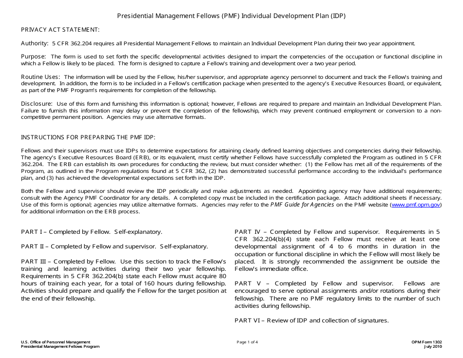 OPM Form 1302 Presidential Management Fellows (Pmf) Individual Development Plan (Idp), Page 1