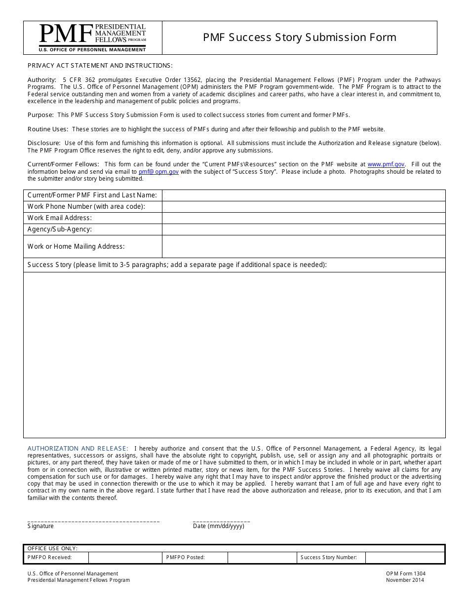 OPM Form 1304 Pmf Success Story Submission Form, Page 1