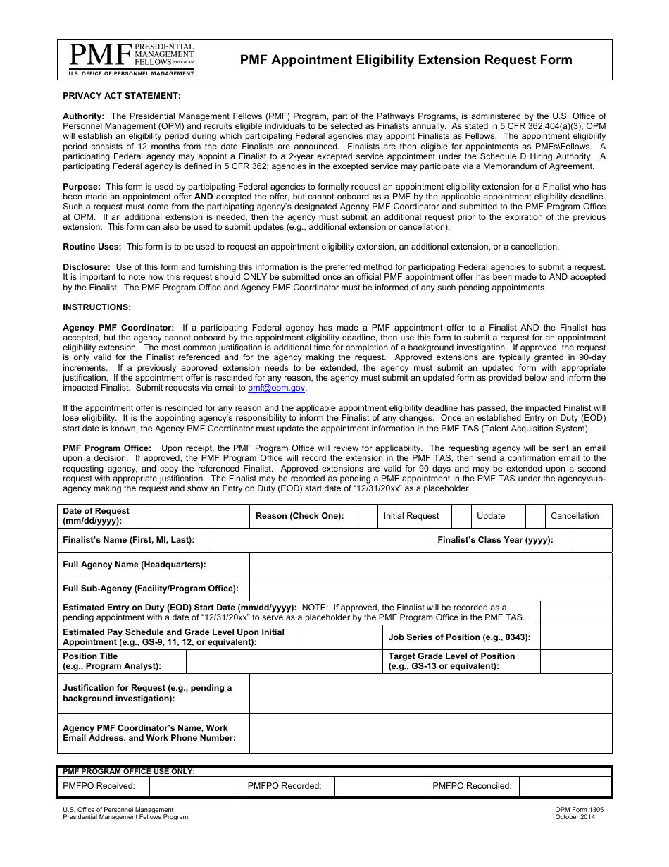 OPM Form 1305 Pmf Appointment Eligibility Extension Request Form, Page 1