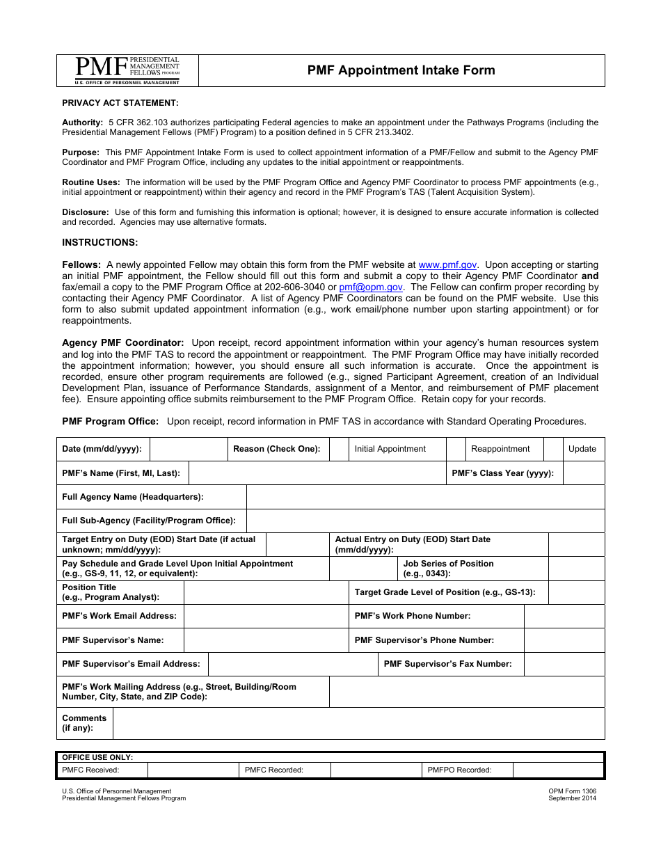 OPM Form 1306 Pmf Appointment Intake Form, Page 1