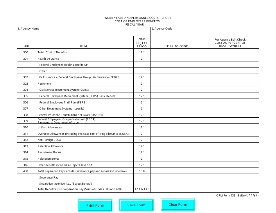 OPM Form 1351-B Work Years and Personnel Costs Report - Costs of Employees Benefits - Fiscal Year, Page 1