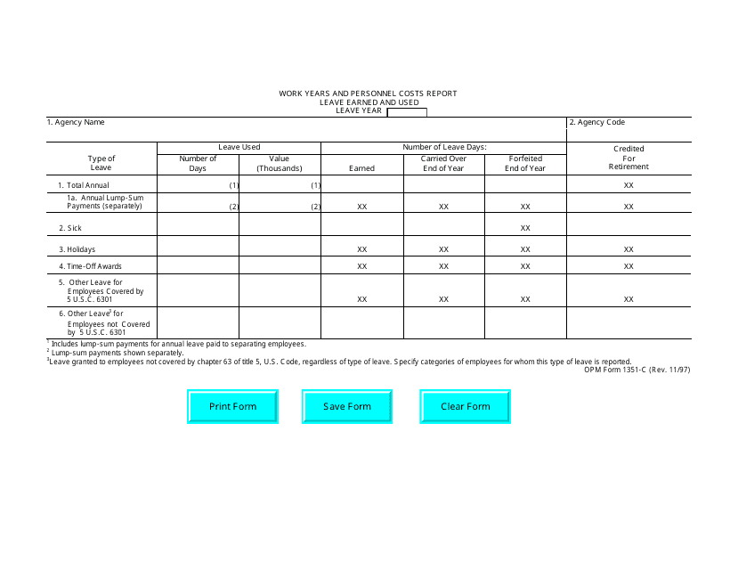 OPM Form 1351-C Work Years and Personnel Costs Report - Leave Earned and Used
