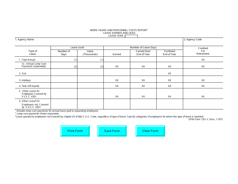 OPM Form 1351-C Work Years and Personnel Costs Report - Leave Earned and Used, Page 1