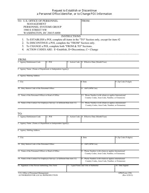 OPM Form 1396 Request to Establish or Discontinue a Personnel Office Identifier, or to Change Poi Information